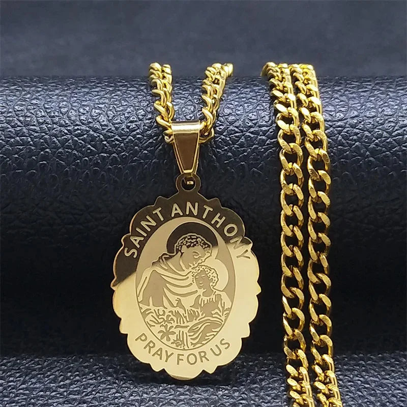 SAINT ANTHONY PRAY FOR US Archangel Stainless Steel Hip Hop Necklace Women Gold Color Flower Necklaces Jewelry Gifts N3191GDS05