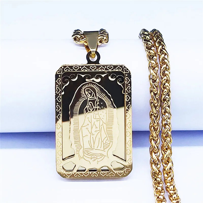 HNSP Medal Necklace Stainless Steel Virgin Mary Pendant Chain For Men Religious Jewelry Accessories