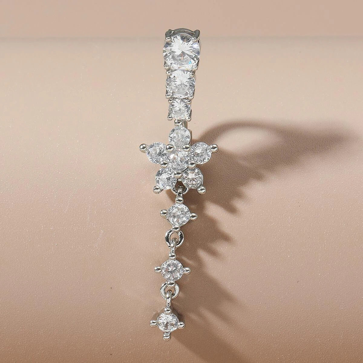 Gold Color Stainless Steel Belly Button Ring Long Dangled Flower Crystal Navel Belly Piercing Rings for Women Sexy Jewelry
