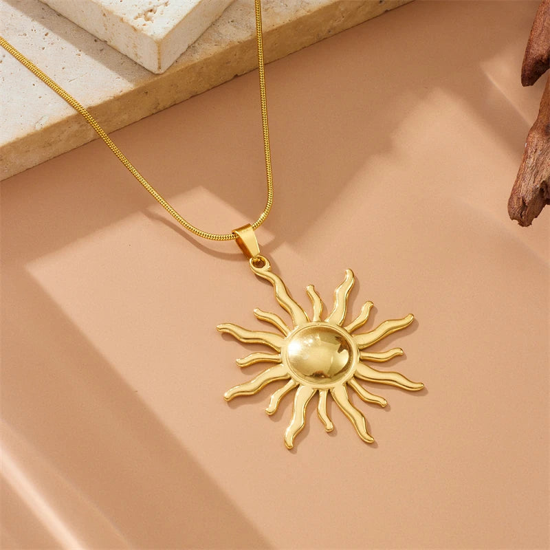 DIEYURO 316L Stainless Steel Golden Fashion Sun Pendant Necklace For Women Girl . New Concise Solar Neck Chain Jewelry Gift.