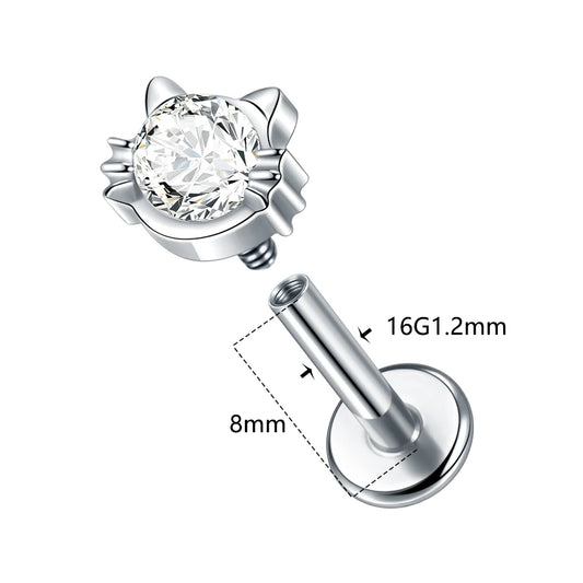 1Pcs Titanium 16G Flat Back Cartilage Stud Earrings Piercing Crystal Cat Labret Tragus Helix Lobe Piercing Jewelry for Women