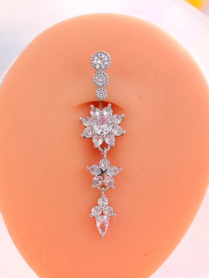 Gold Color Stainless Steel Belly Button Ring Long Dangled Flower Crystal Navel Belly Piercing Rings for Women Sexy Jewelry