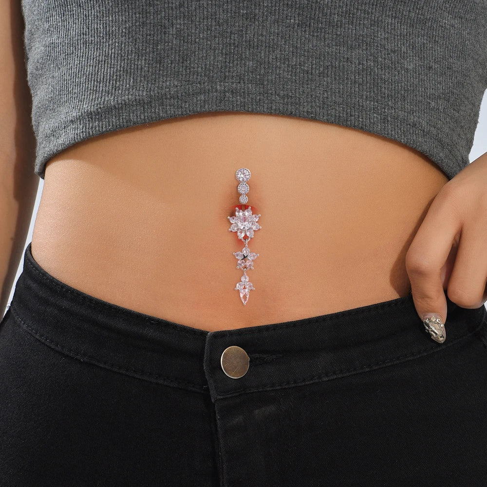Gold Color Stainless Steel Belly Button Ring Long Dangled Flower Crystal Navel Belly Piercing Rings for Women Sexy Jewelry