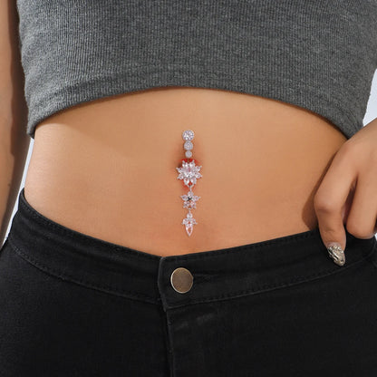 Gold Color Stainless Steel Belly Button Ring Long Dangled Flower Crystal Navel Belly Piercing Rings for Women Sexy Jewelry
