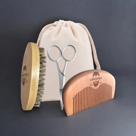 Grancemen Beard Kit-Bamboo Handle Boar Bristles Brush & Peach Wood Comb & Stainless Steel Trimming Scissors With Bag for Men