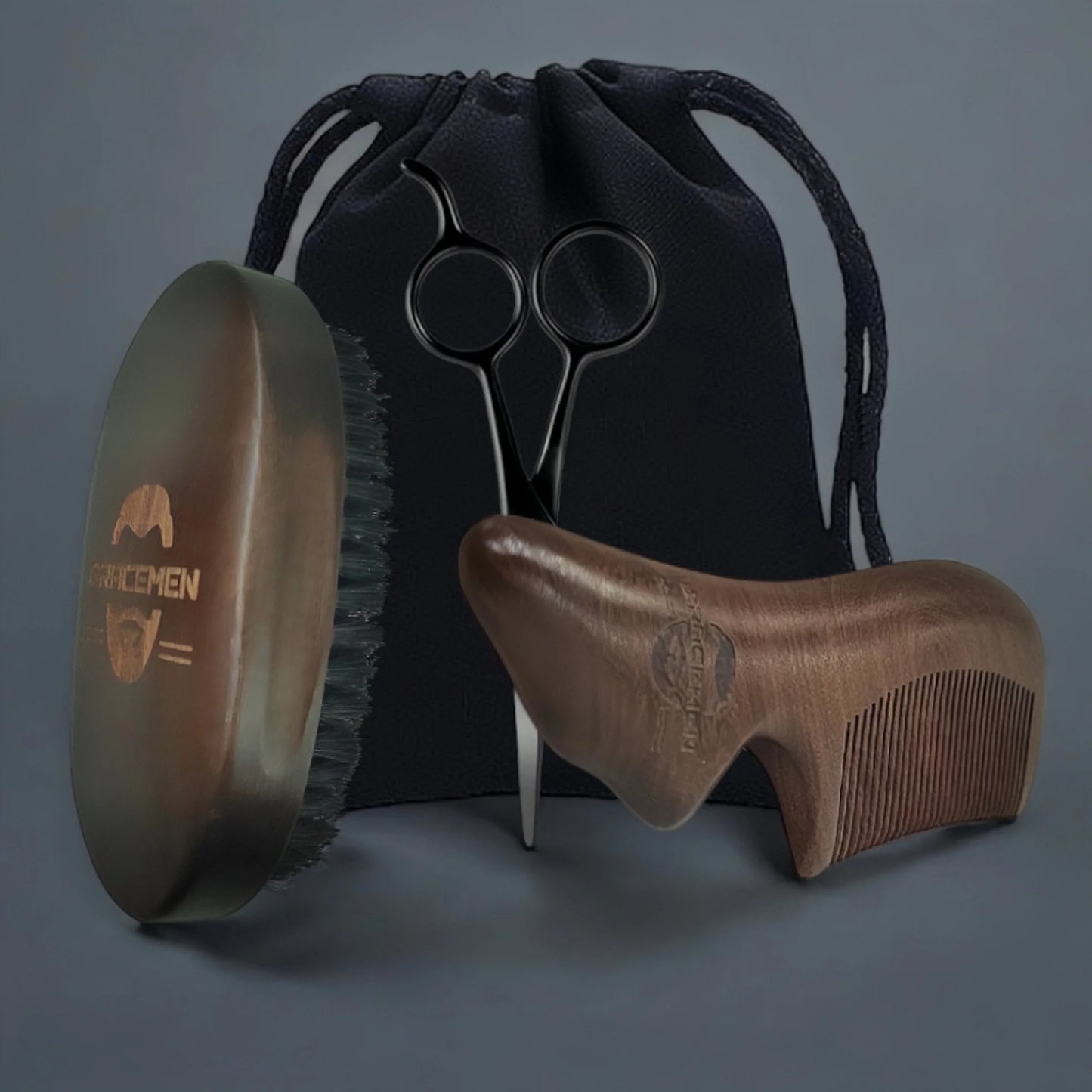 The Gracemen Beard Kit-Retro Beard Brush &Handle Wooden Comb & Stainless Steel Scissors Grooming Set for Men With a Black Bag