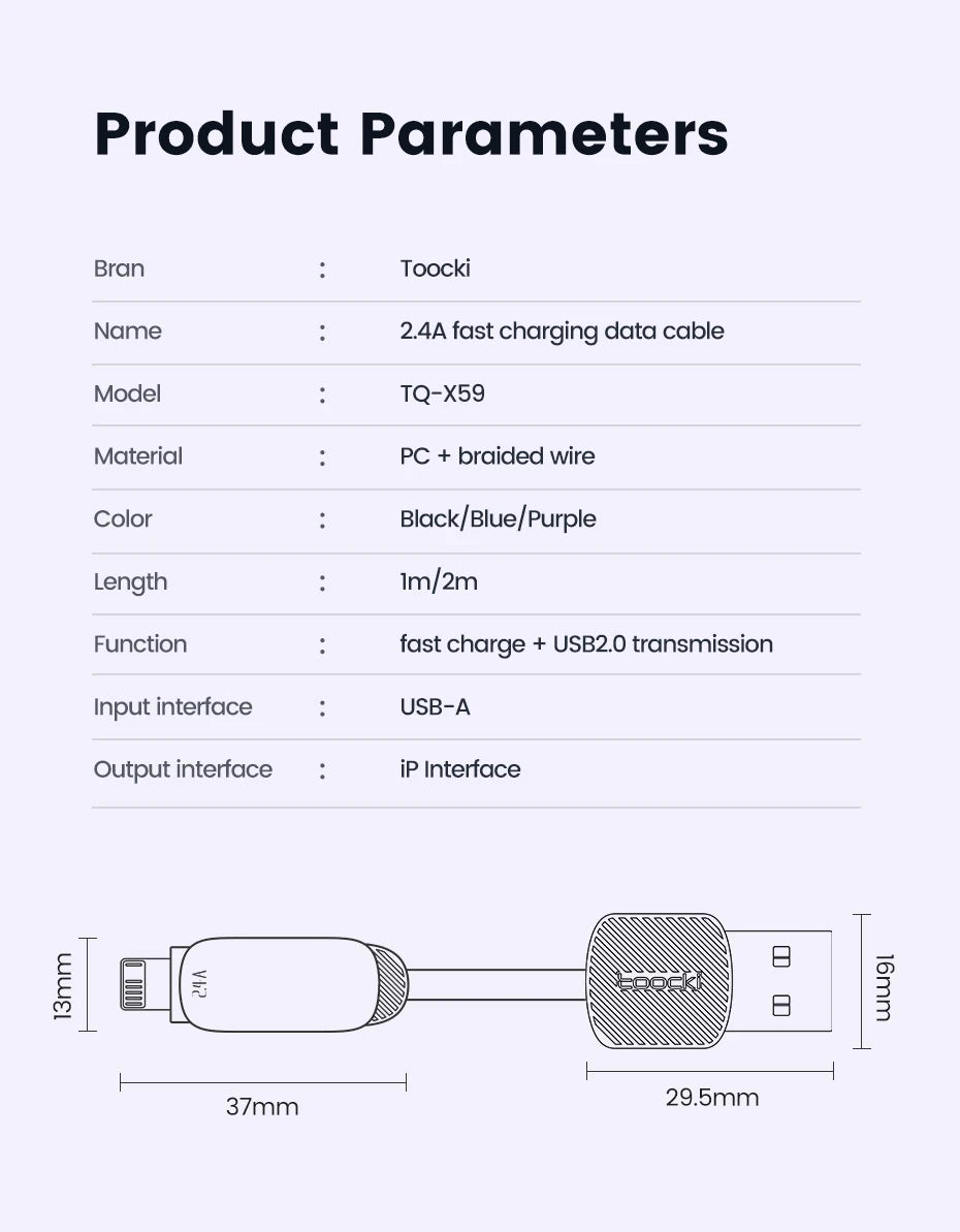 Toocki USB Cable for iPhone 14 13 Pro Max 2.4A PD Fast Charging Charger iP Cable for iPad Data Cord iPhone X XS XR Lighting Wire