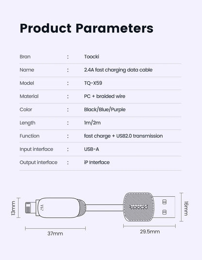 Toocki USB Cable for iPhone 14 13 Pro Max 2.4A PD Fast Charging Charger iP Cable for iPad Data Cord iPhone X XS XR Lighting Wire