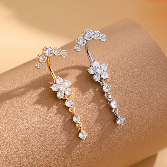 Gold Color Stainless Steel Belly Button Ring Long Dangled Flower Crystal Navel Belly Piercing Rings for Women Sexy Jewelry