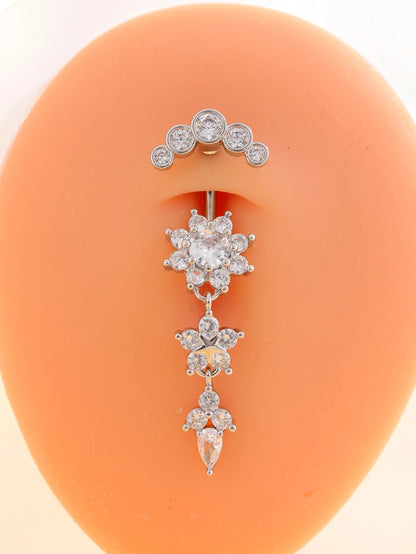 Gold Color Stainless Steel Belly Button Ring Long Dangled Flower Crystal Navel Belly Piercing Rings for Women Sexy Jewelry