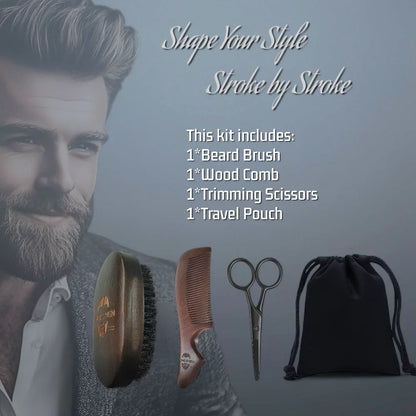 The Gracemen Beard Kit-Retro Beard Brush &Handle Wooden Comb & Stainless Steel Scissors Grooming Set for Men With a Black Bag