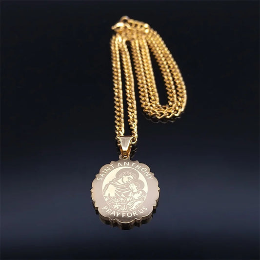 SAINT ANTHONY PRAY FOR US Archangel Stainless Steel Hip Hop Necklace Women Gold Color Flower Necklaces Jewelry Gifts N3191GDS05