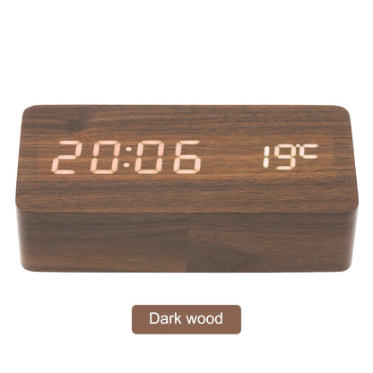 LED Wood Alarm Clock Voice Control Time Date Temperature Digital Bamboo Rectangle Table Desktop Clock Alarm