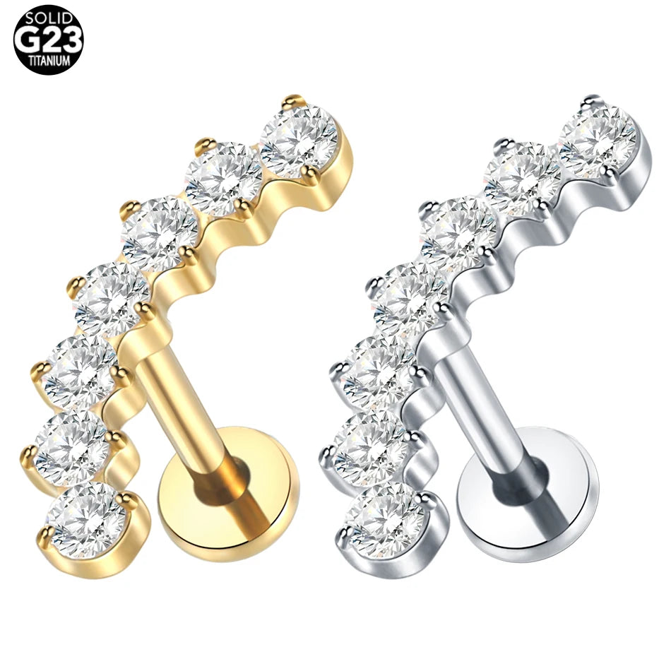 G23 Titanium Zircon Labret Piercings Lip Rings Gold Color CZ Cartilage Helix Lobe Conch Earring Stud Piercings Women Jewelry 16G