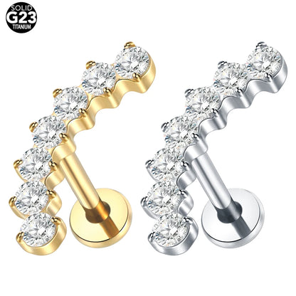 G23 Titanium Zircon Labret Piercings Lip Rings Gold Color CZ Cartilage Helix Lobe Conch Earring Stud Piercings Women Jewelry 16G