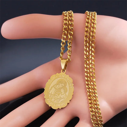 SAINT ANTHONY PRAY FOR US Archangel Stainless Steel Hip Hop Necklace Women Gold Color Flower Necklaces Jewelry Gifts N3191GDS05
