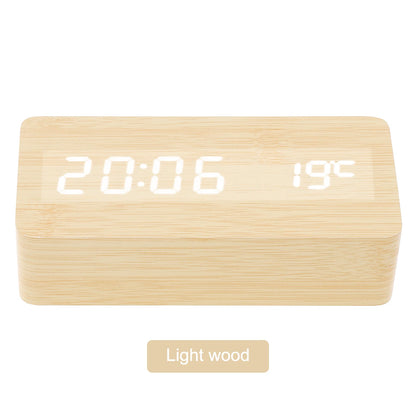 LED Wood Alarm Clock Voice Control Time Date Temperature Digital Bamboo Rectangle Table Desktop Clock Alarm