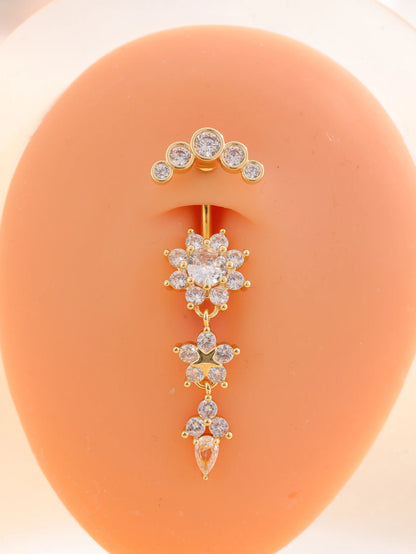 Gold Color Stainless Steel Belly Button Ring Long Dangled Flower Crystal Navel Belly Piercing Rings for Women Sexy Jewelry