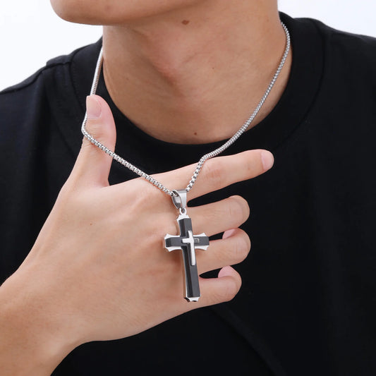 3D Cross Pendant Necklaces for Men Boys,Black Gold Color Stainless Steel Cross Necklace, Party Gift