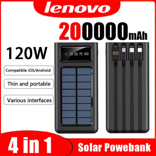 Lenovo Solar Power Bank 200000mah Built 4 Cables Portable Fast Charging Usb Ports Charger Powerbank For Iphone Xiaomi Samsung