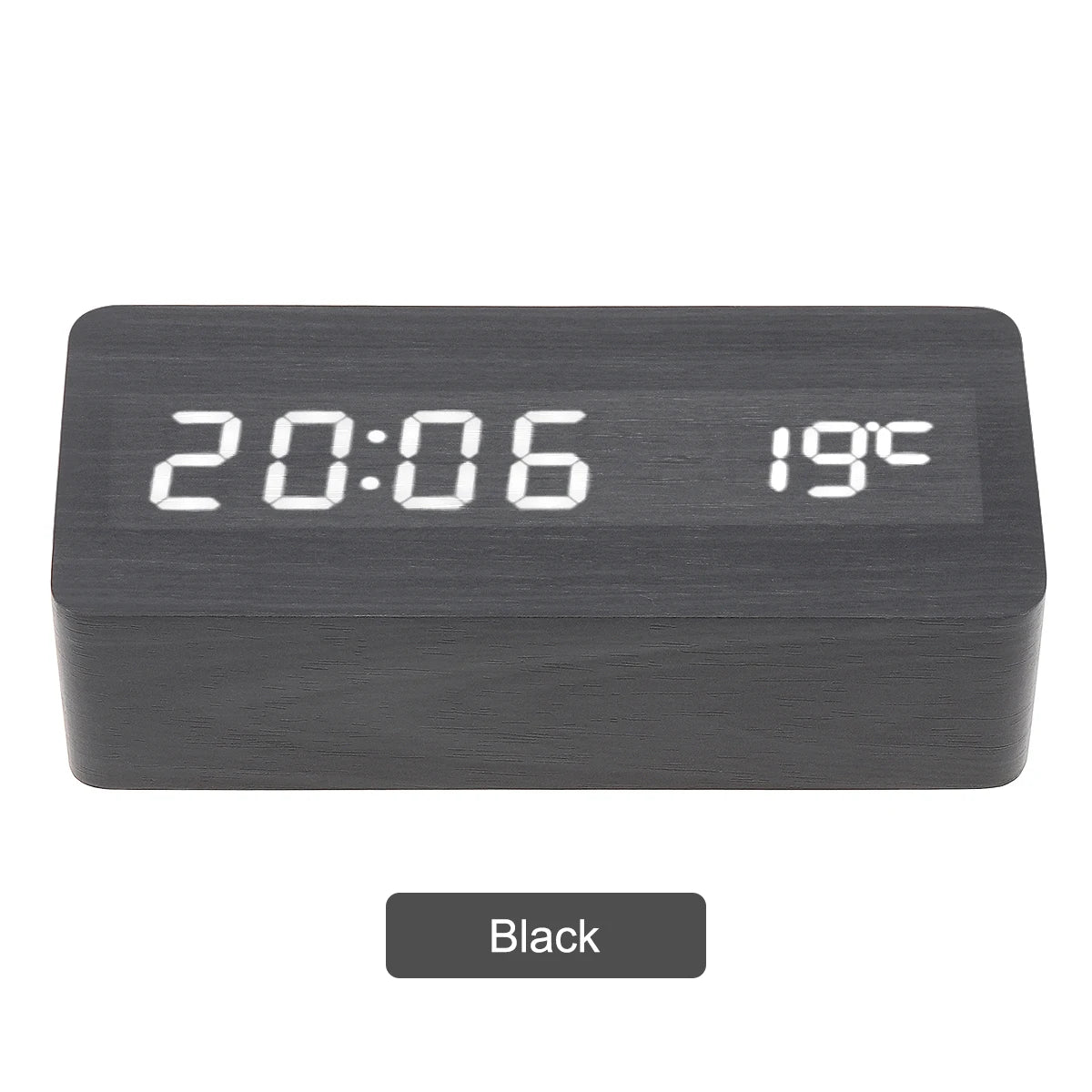 LED Wood Alarm Clock Voice Control Time Date Temperature Digital Bamboo Rectangle Table Desktop Clock Alarm