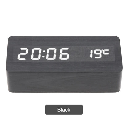 LED Wood Alarm Clock Voice Control Time Date Temperature Digital Bamboo Rectangle Table Desktop Clock Alarm