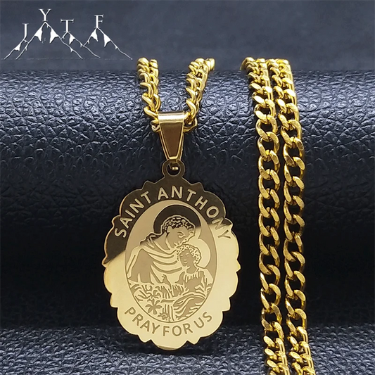 SAINT ANTHONY PRAY FOR US Archangel Stainless Steel Hip Hop Necklace Women Gold Color Flower Necklaces Jewelry Gifts N3191GDS05