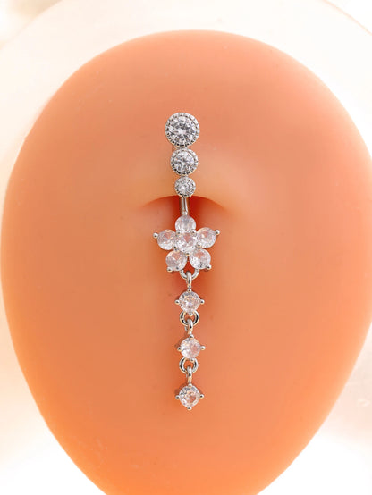Gold Color Stainless Steel Belly Button Ring Long Dangled Flower Crystal Navel Belly Piercing Rings for Women Sexy Jewelry