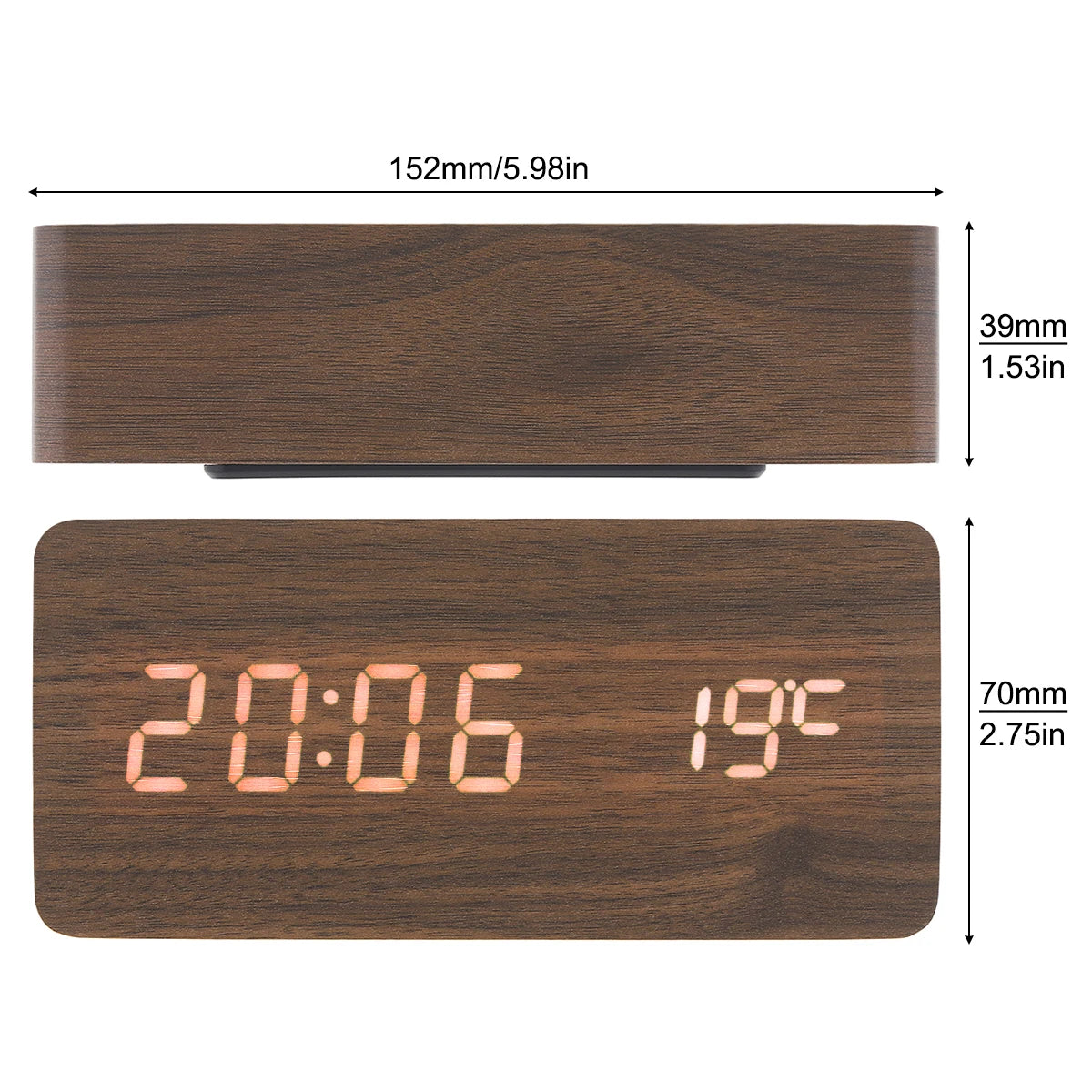 LED Wood Alarm Clock Voice Control Time Date Temperature Digital Bamboo Rectangle Table Desktop Clock Alarm