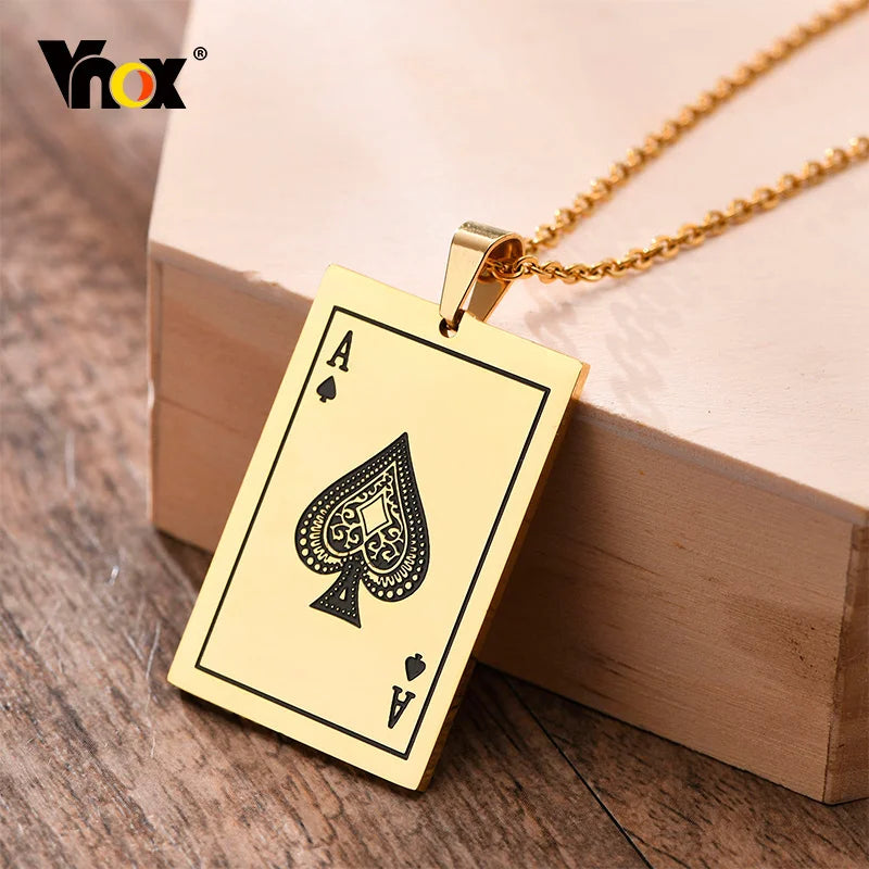 Vnox Punk Lucky Ace Of Spades Men's Necklace, Cool Rock Poker Pendant for Male, Stainless Steel Casino Fortune Playing Cards