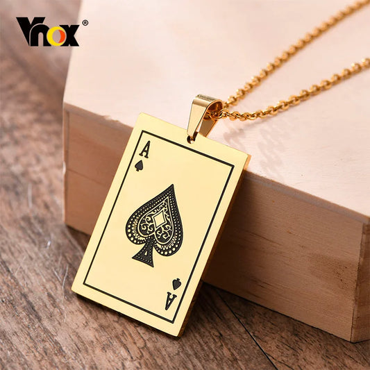 Vnox Punk Lucky Ace Of Spades Men's Necklace, Cool Rock Poker Pendant for Male, Stainless Steel Casino Fortune Playing Cards