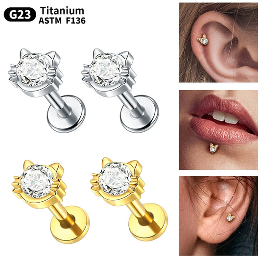 1Pcs Titanium 16G Flat Back Cartilage Stud Earrings Piercing Crystal Cat Labret Tragus Helix Lobe Piercing Jewelry for Women
