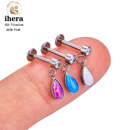 ASTM F136 G23 Titanium Piercing Water Drop Opal Stud Earrings 16G Labret Lip Ring Ear Tragus Cartilage Helix Daith Body Jewelry