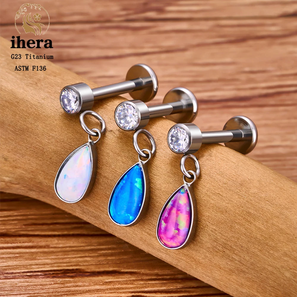 ASTM F136 G23 Titanium Piercing Water Drop Opal Stud Earrings 16G Labret Lip Ring Ear Tragus Cartilage Helix Daith Body Jewelry