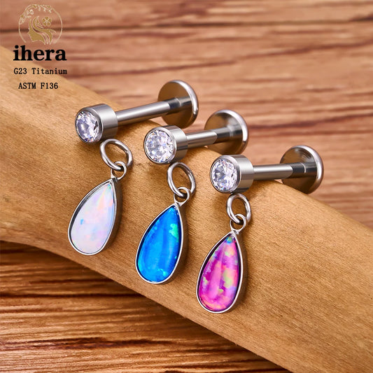 ASTM F136 G23 Titanium Piercing Water Drop Opal Stud Earrings 16G Labret Lip Ring Ear Tragus Cartilage Helix Daith Body Jewelry