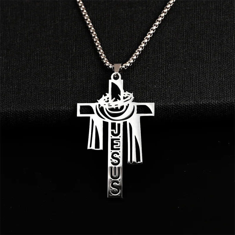 Stainless steel Thorn Jesus Cross Necklace for men's casual religious Cross pendant necklace jewelry