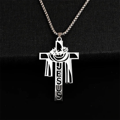 Stainless steel Thorn Jesus Cross Necklace for men's casual religious Cross pendant necklace jewelry