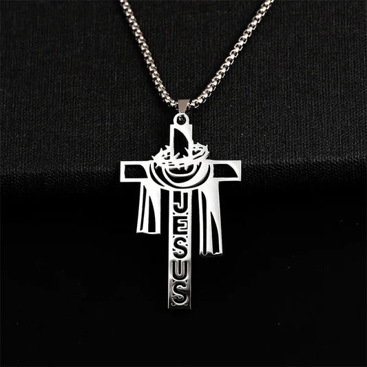 Stainless steel Thorn Jesus Cross Necklace for men's casual religious Cross pendant necklace jewelry