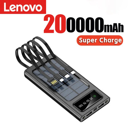Lenovo Solar Power Bank 200000mah Built 4 Cables Portable Fast Charging Usb Ports Charger Powerbank For Iphone Xiaomi Samsung
