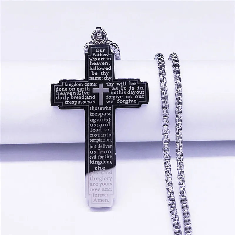 HNSP Stainless Steel Bible Big Cross Chain Necklace Pendant For Men Neck Jewelry Religion Accessories