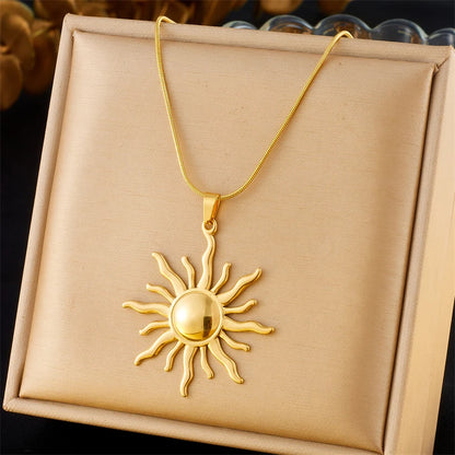 DIEYURO 316L Stainless Steel Golden Fashion Sun Pendant Necklace For Women Girl . New Concise Solar Neck Chain Jewelry Gift.