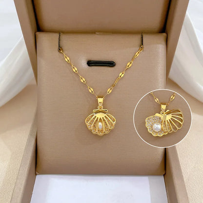 Koreanische Licht Luxus Shell Perle Halskette Für Frauen Edelstahl Micro Intarsien Zirkon Liebe Herz Mond Choker Hochzeit Schmuck
