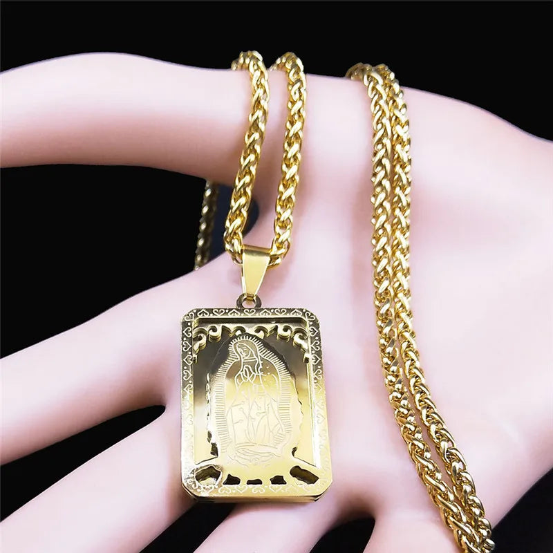 HNSP Medal Necklace Stainless Steel Virgin Mary Pendant Chain For Men Religious Jewelry Accessories