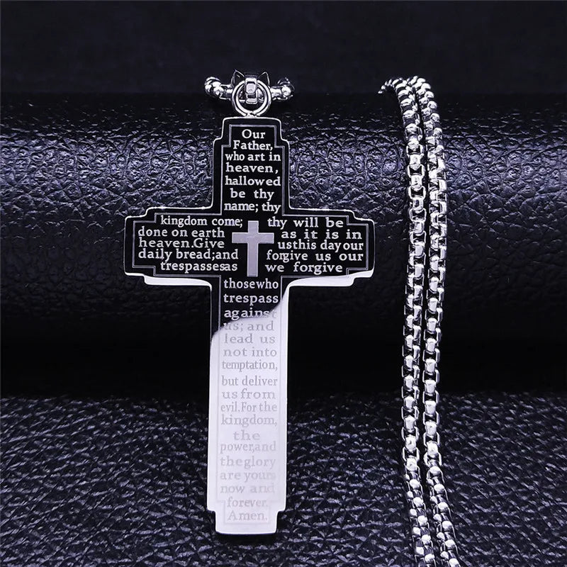 HNSP Stainless Steel Bible Big Cross Chain Necklace Pendant For Men Neck Jewelry Religion Accessories