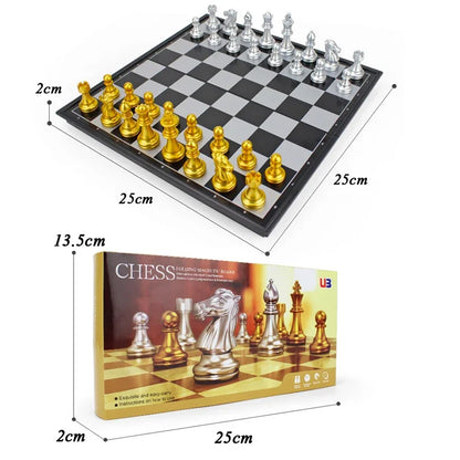Juego de ajedrez clásico plegable medieval con tablero de ajedrez, 32 piezas, dorado y plateado, magnético, portátil, para viajes, para adultos y niños.