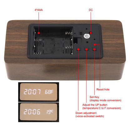 LED Wood Alarm Clock Voice Control Time Date Temperature Digital Bamboo Rectangle Table Desktop Clock Alarm