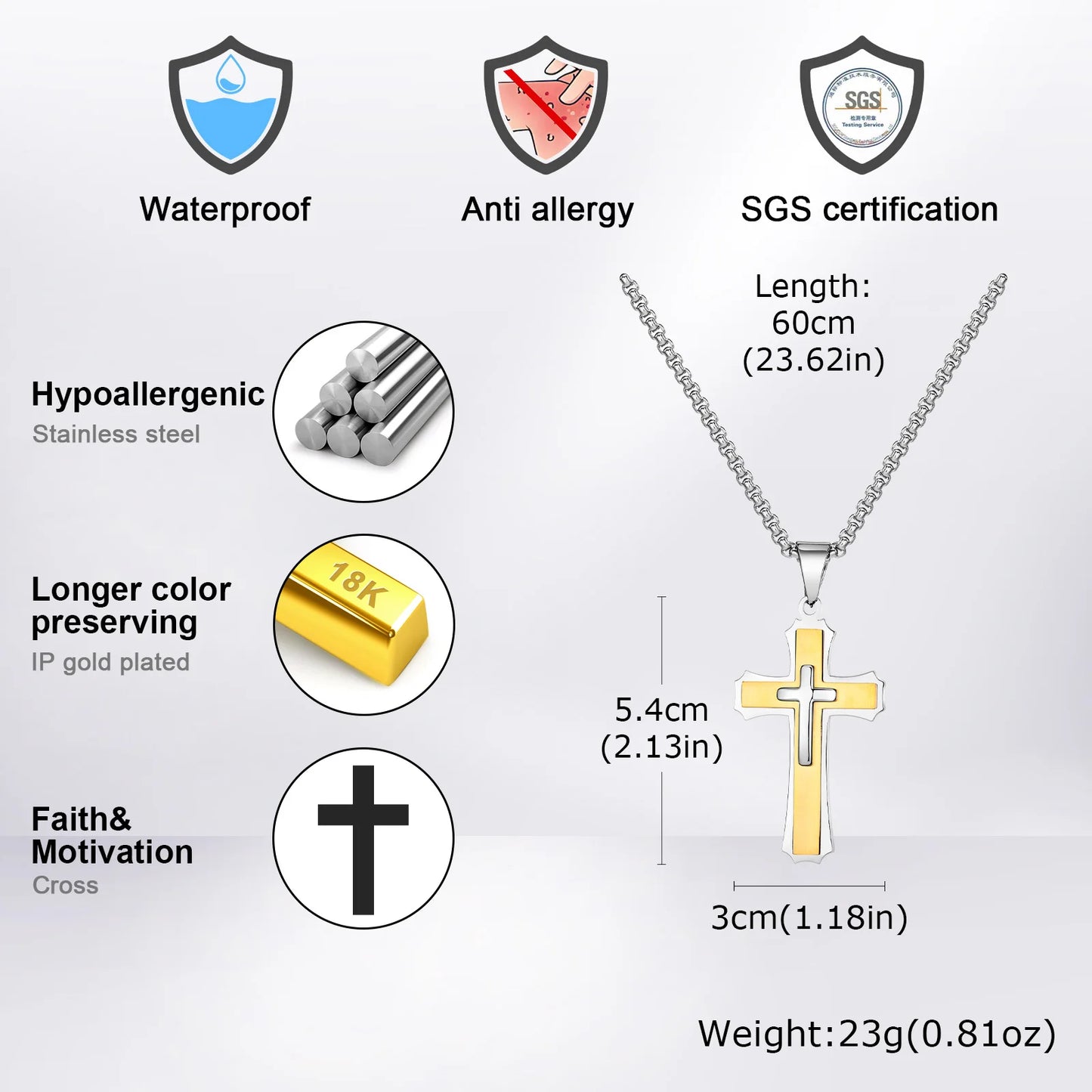 Halsketten mit 3D-Kreuzanhänger für Männer und Jungen, schwarz-goldfarbene Kreuzkette aus Edelstahl, Partygeschenk