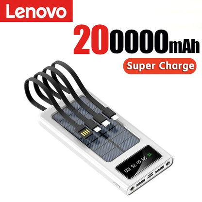 Lenovo Solar Power Bank 200000mah Built 4 Cables Portable Fast Charging Usb Ports Charger Powerbank For Iphone Xiaomi Samsung