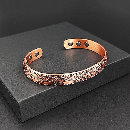Magnetic Pure Copper Bracelet for Women Vintage Flower Energy Cuff Bangle Adjustable Jewelry Gift