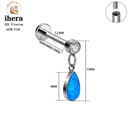 ASTM F136 G23 Titanium Piercing Water Drop Opal Stud Earrings 16G Labret Lip Ring Ear Tragus Cartilage Helix Daith Body Jewelry